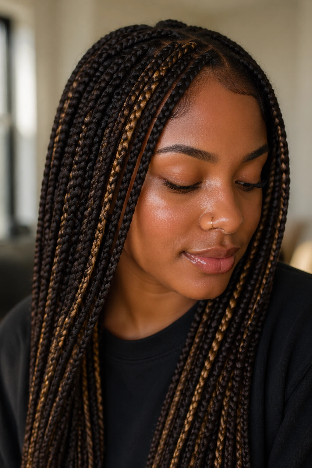 Close-up of a real person with deep espresso knotless braids and thin blonde highlights