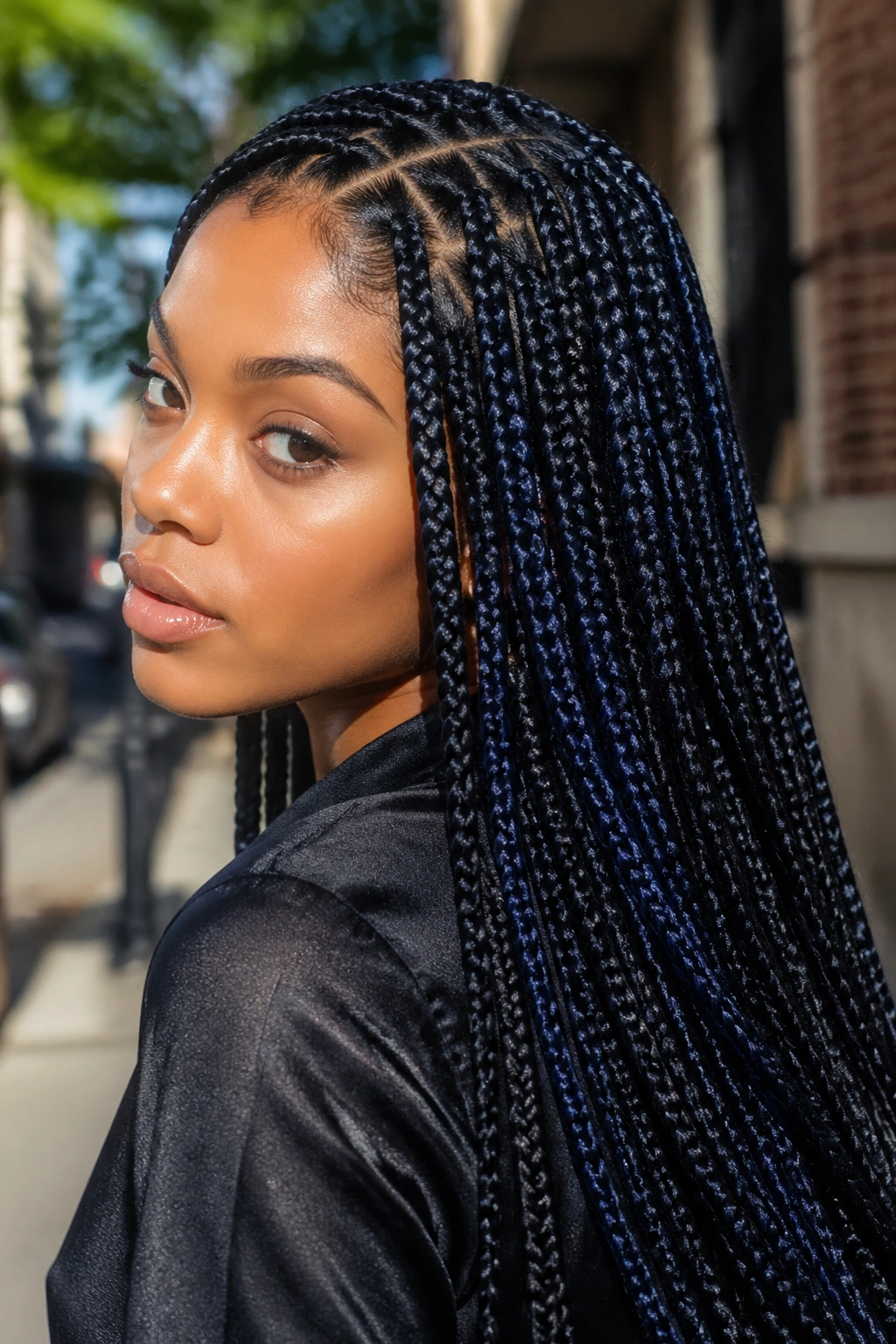 Close-up portrait of a real person with jet black hair and blue-black shine