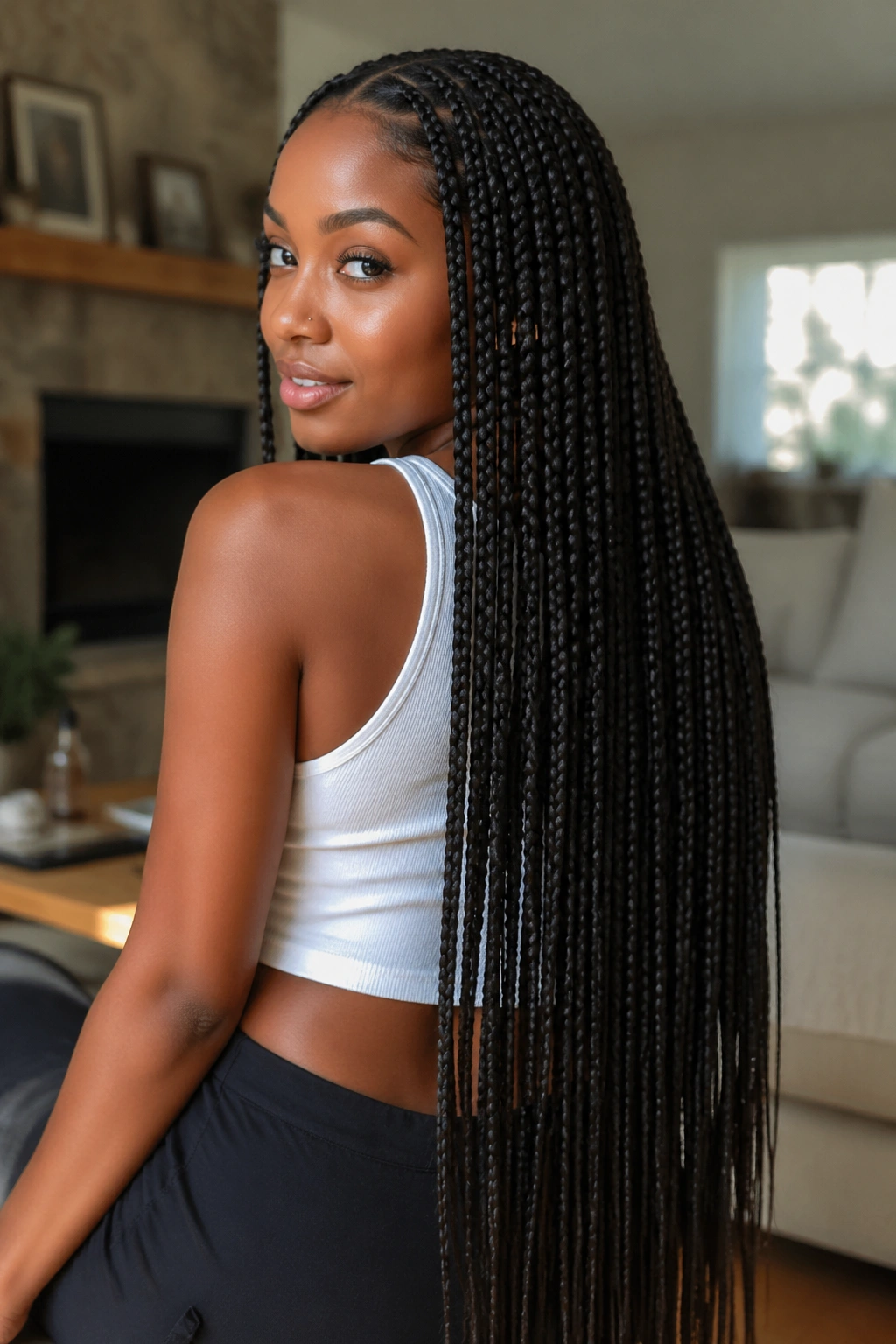 Close-up portrait of a real woman wearing waist-length knotless box braids in a warmly lit living room.