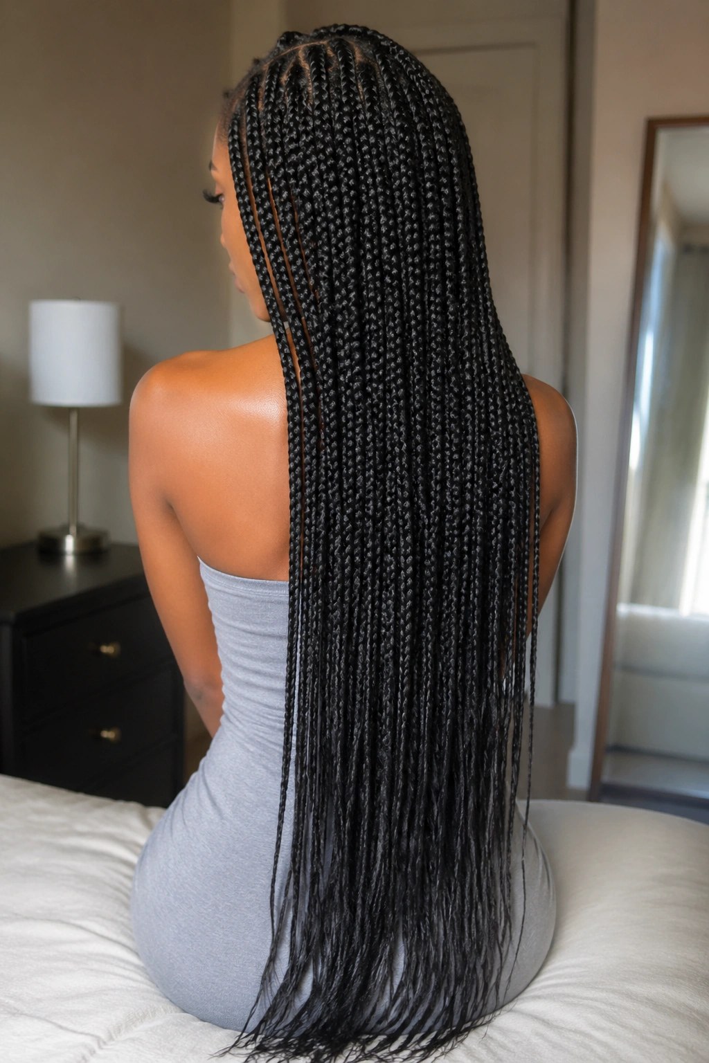 Back-of-head portrait of a real woman with small knotless braids reaching the lower back.