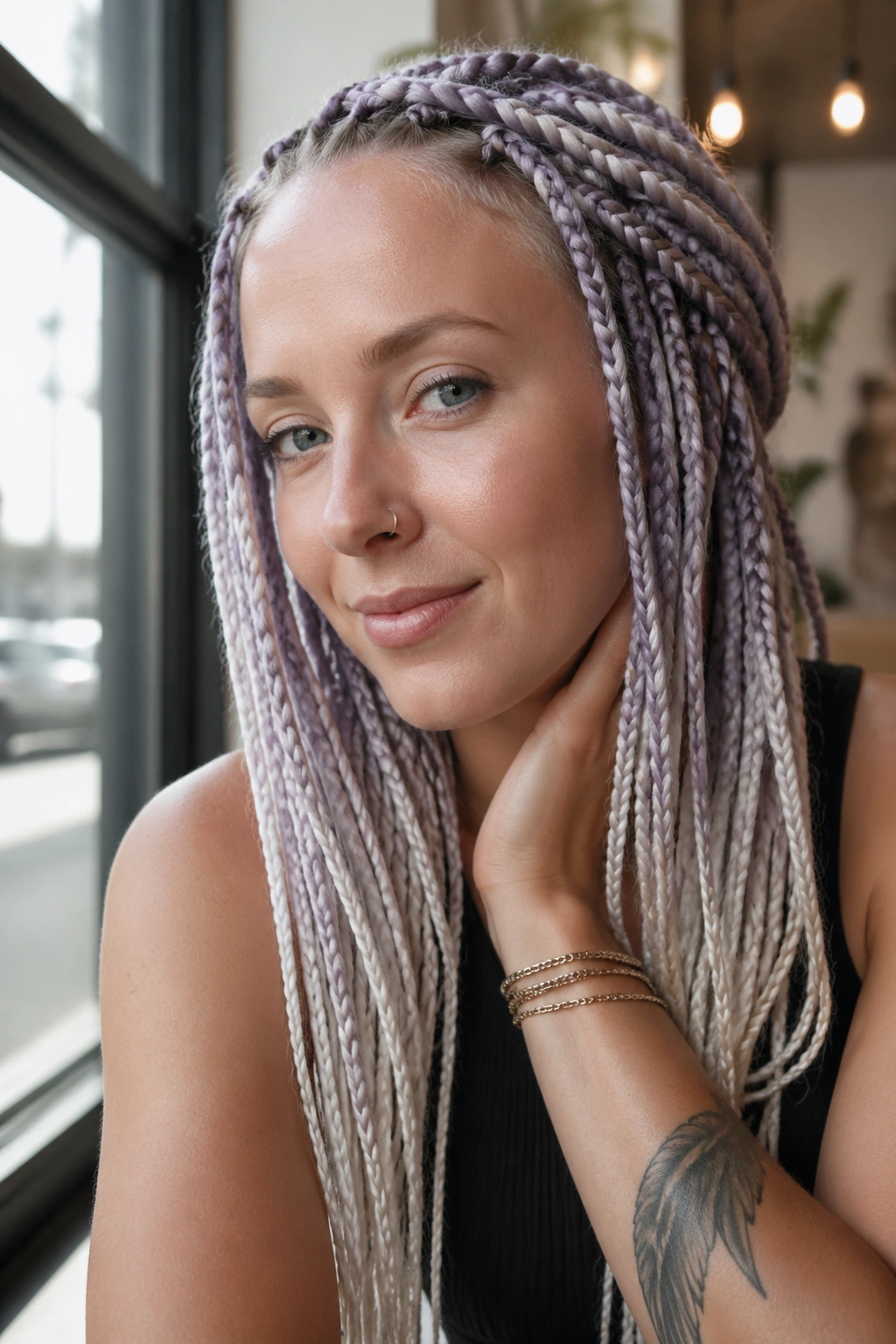 Close-up of a real woman with lavender gray and icy blonde braids in soft daylight
