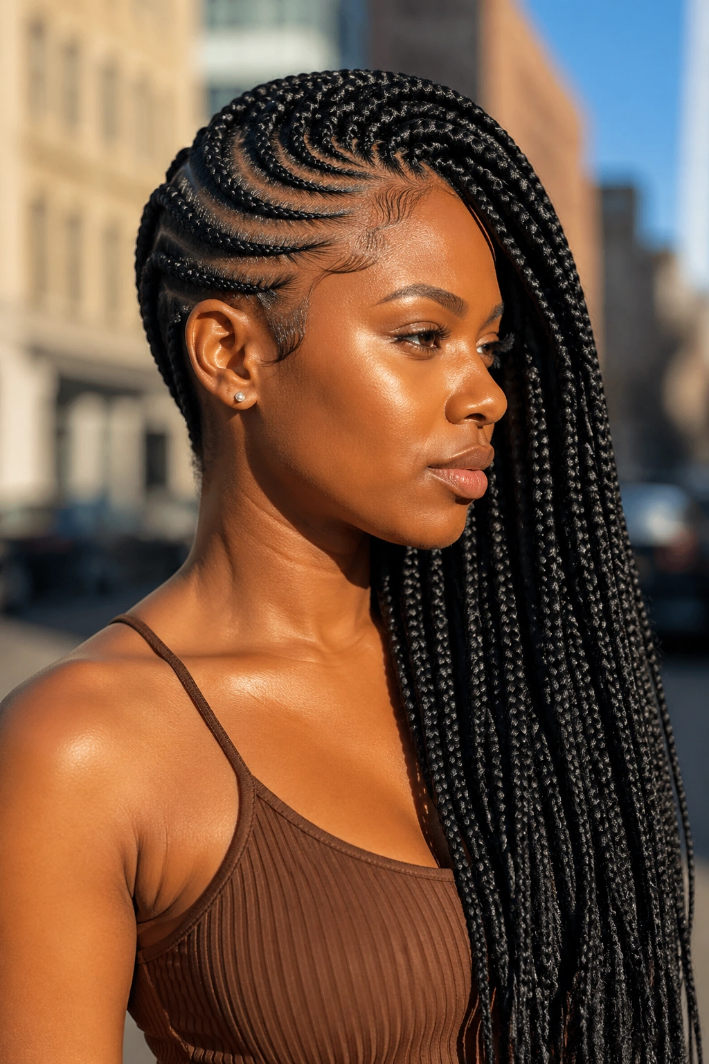Profile portrait of a real woman with lemonade braids swept to one side in bright outdoor daylight.
