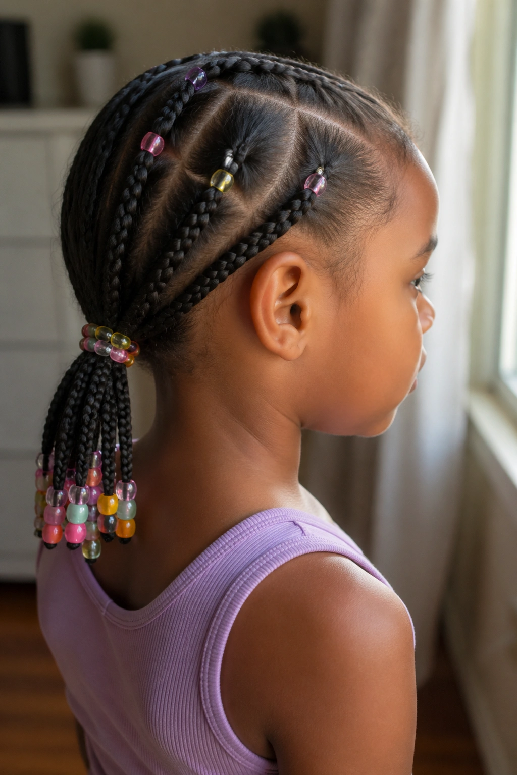 Portrait of a real child with five tiny braids forming a low ponytail