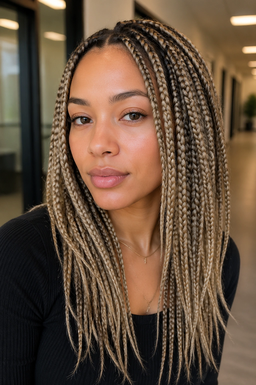 Close-up of a real woman with mushroom brown and taupe blonde braids