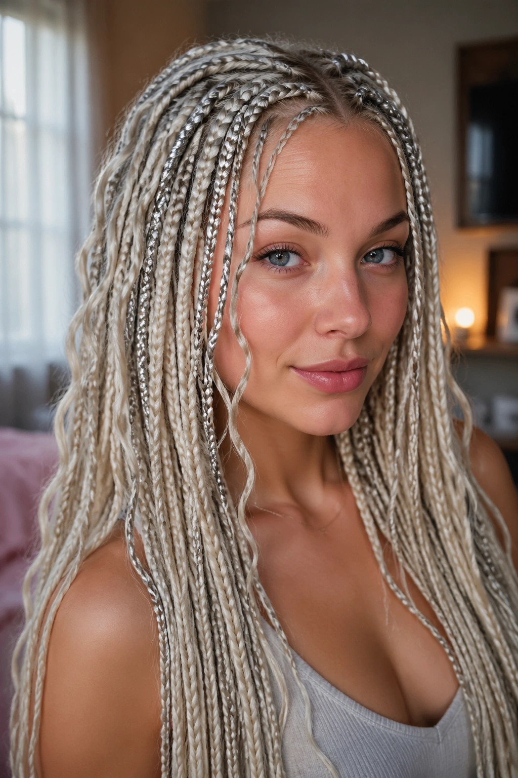 Close-up portrait of a real woman with icy platinum and silver ribbon braids