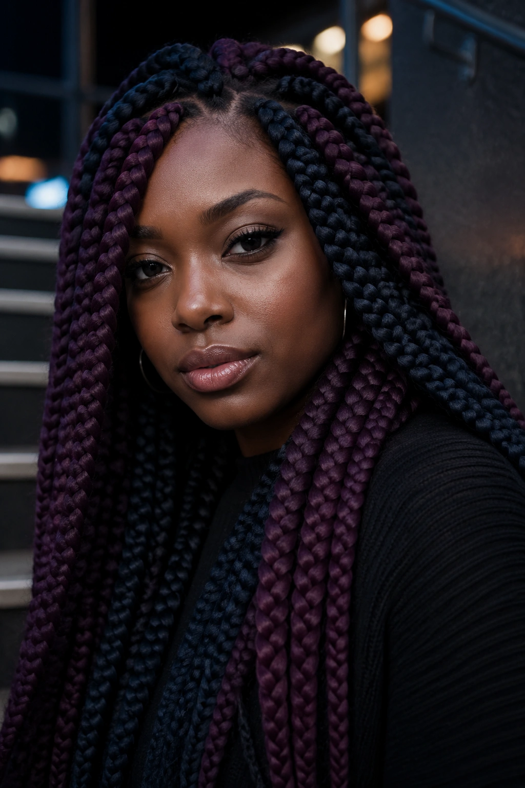 Close-up of a real woman with plum and blue-black jumbo braids