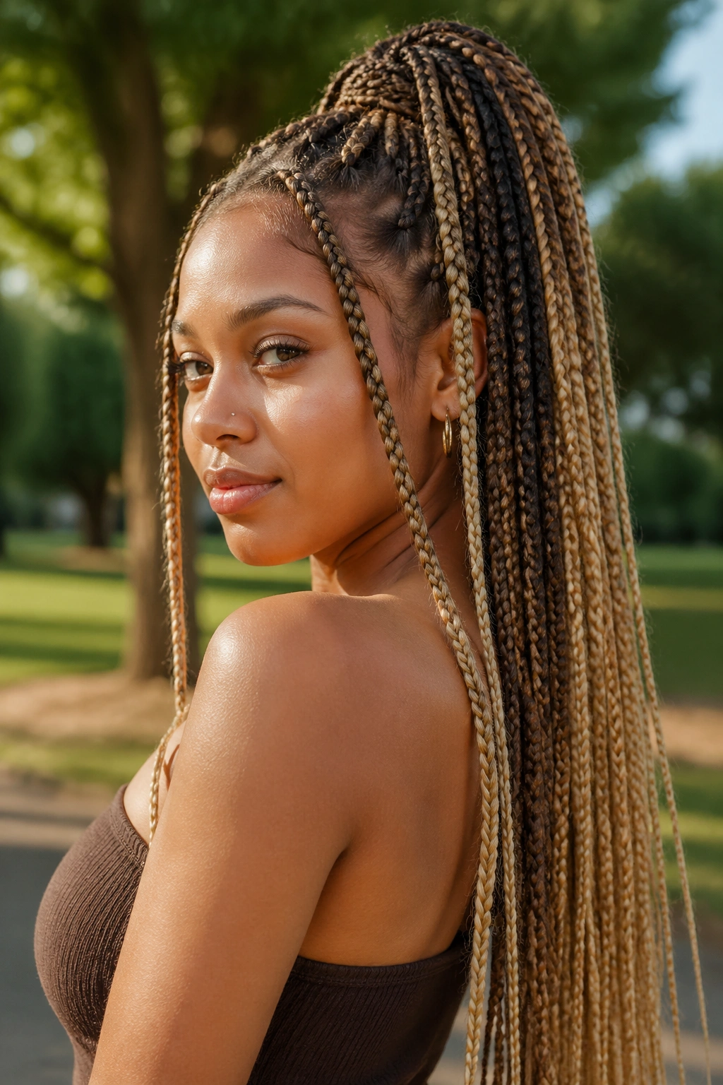 Portrait of a real woman with high ponytail blonde and brown boho box braids