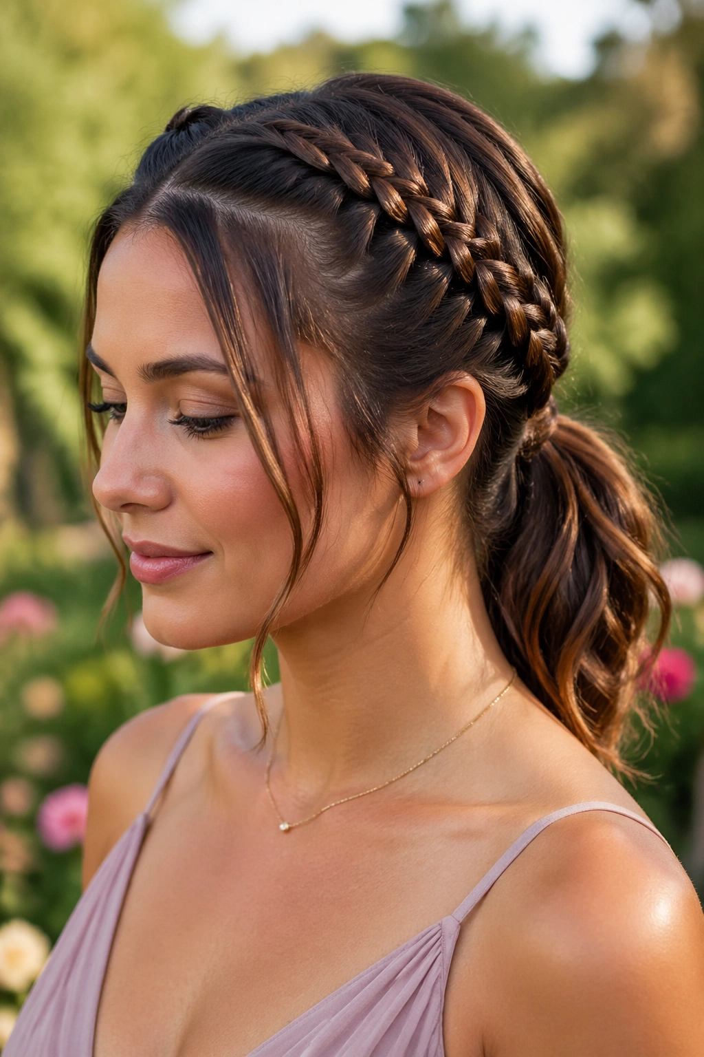 Close-up portrait of a real woman with double French braids into a low ponytail in outdoor garden light
