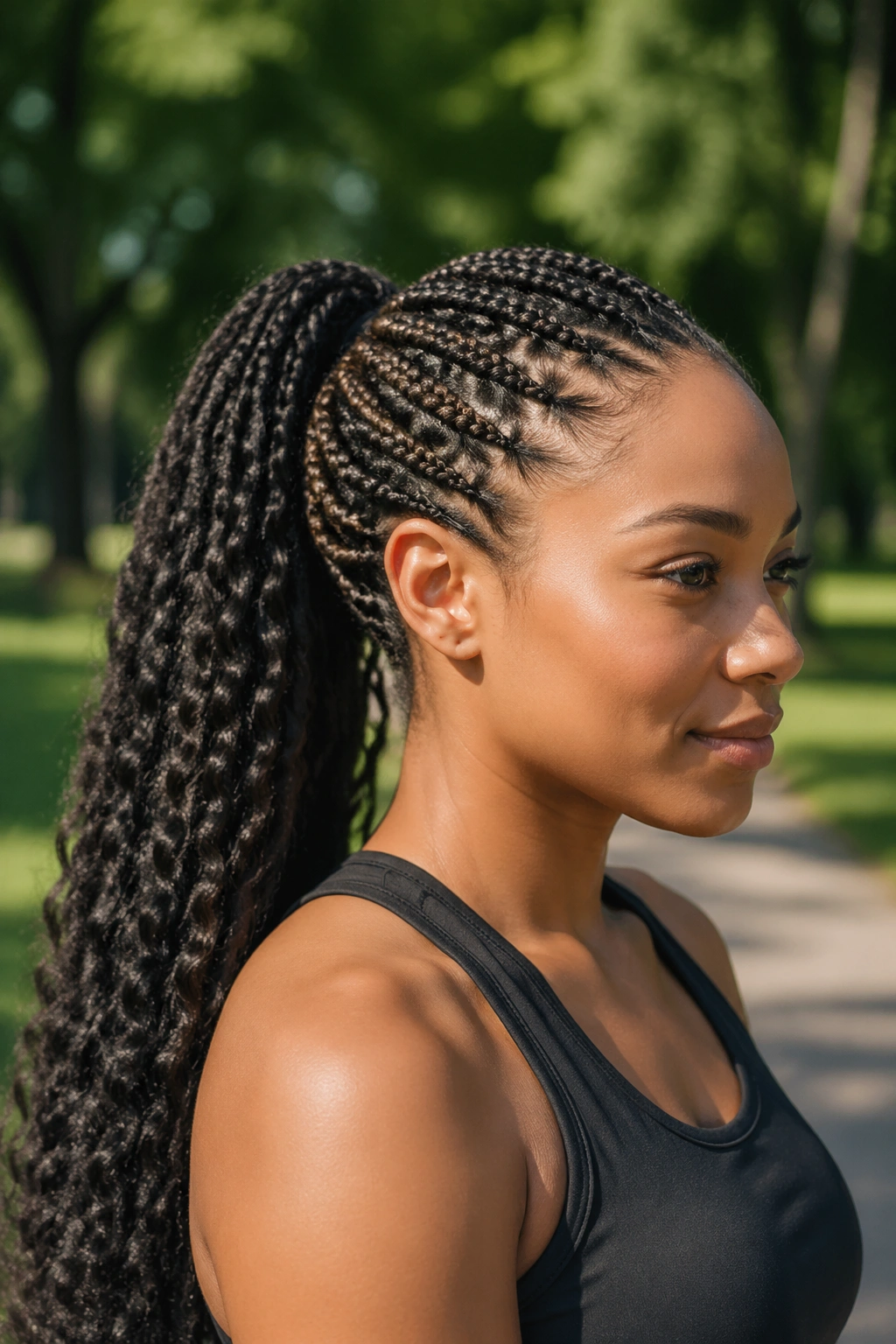 Close-up of a real woman with secure braided pony and crochet tail in a sunlit park