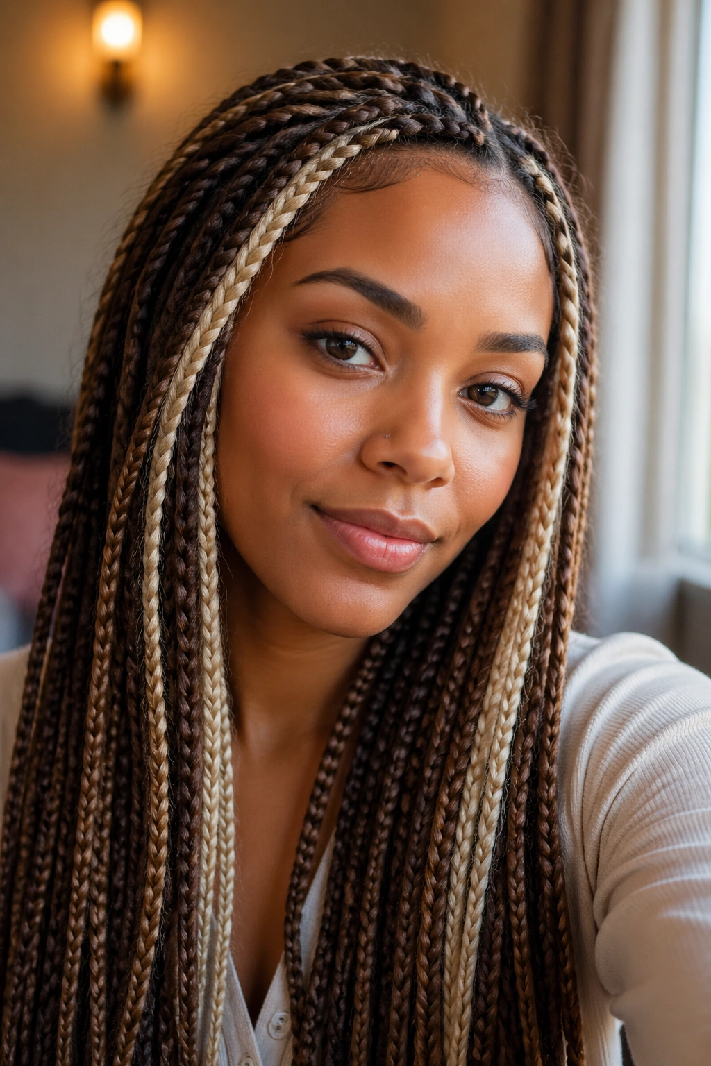 Close-up of chestnut brown box braids with beige blonde highlights on a real woman, head-and-shoulders portrait