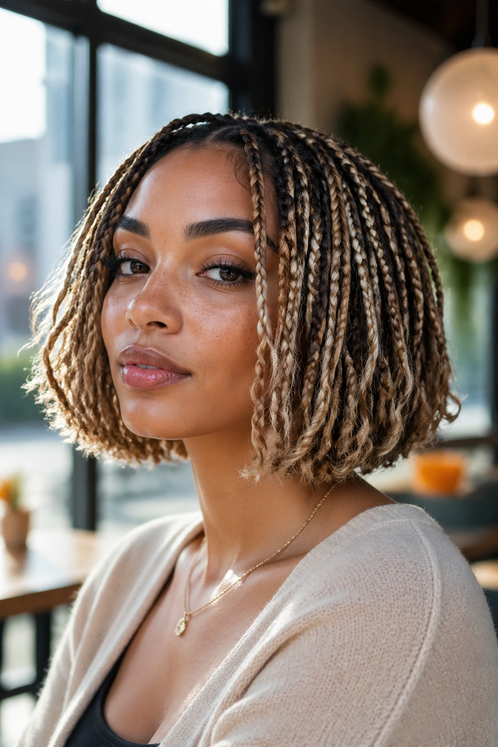 Close-up of short bob boho box braids framing the face on a real person