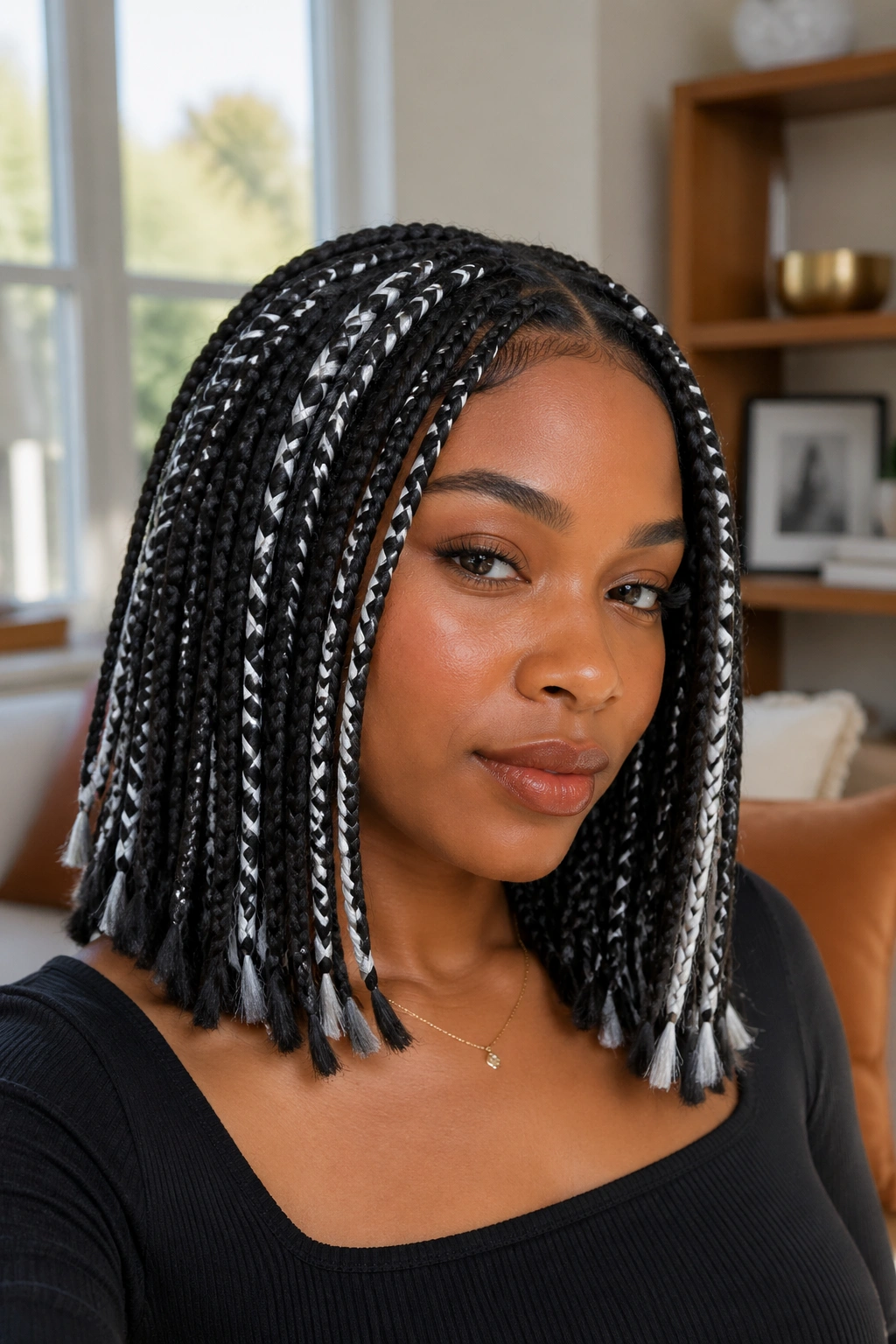 Close-up of a real woman with shoulder-length braids and white ribbon highlights