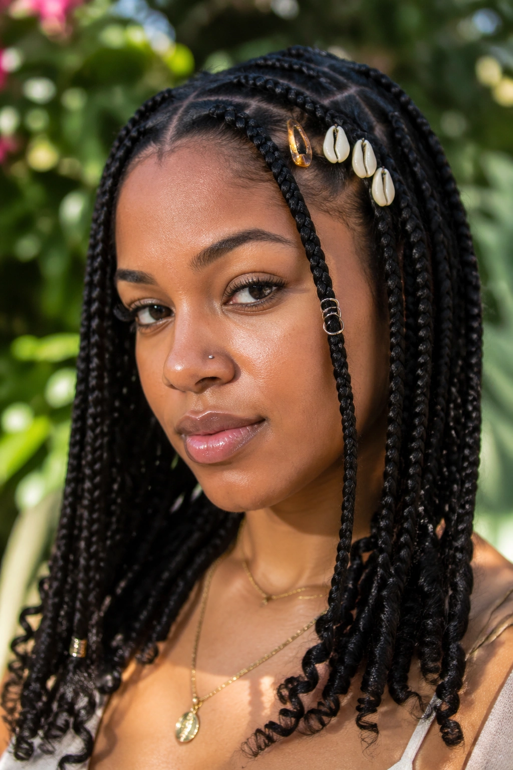 Close-up of braids with shells, rings, and accent clips on real person