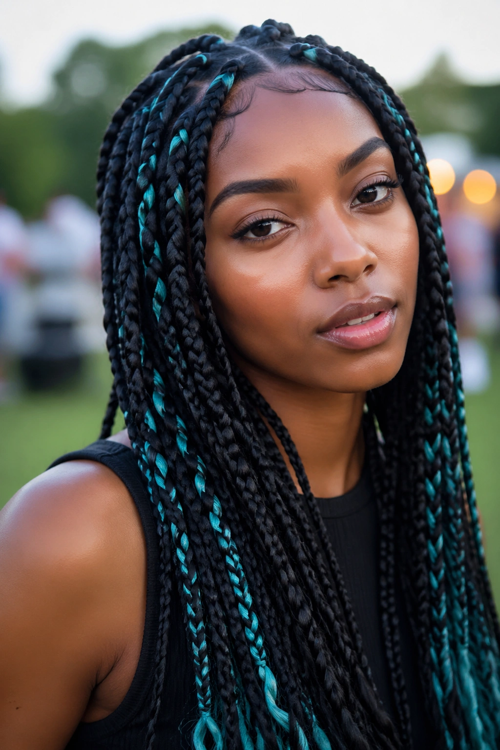 Close-up portrait of a real person with smoky black braids and teal ribbons