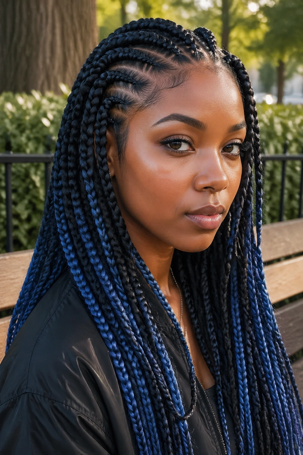Close-up of a real woman with steel blue and onyx feed-in braids