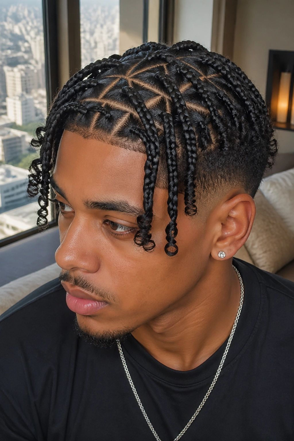 Close-up of a real person with triangle-part box braids on a tapered cut in daylight