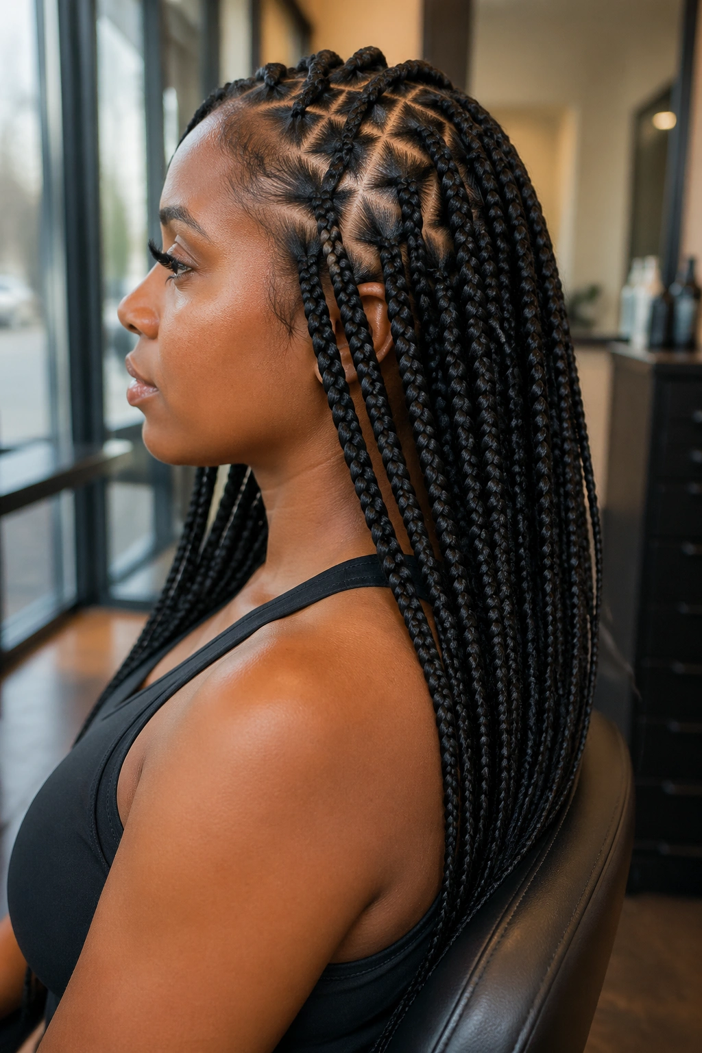 Side-profile portrait of a real woman with triangle-part long box braids.