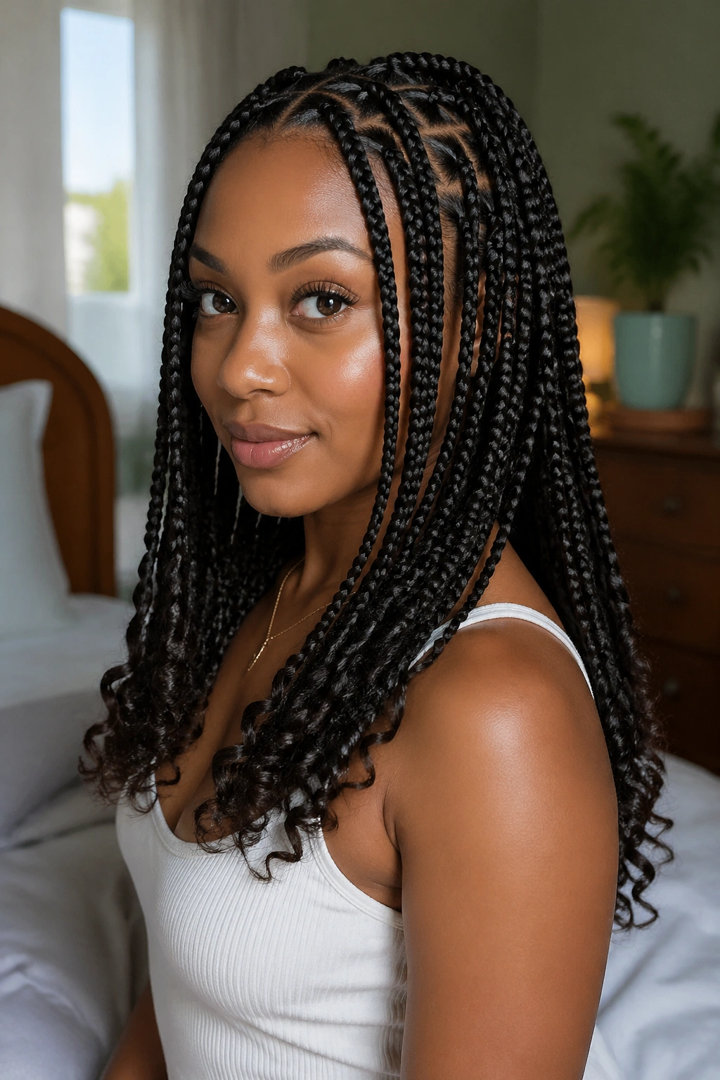 Close-up of a real woman with medium-length triangle-part braids and curly ends in a softly lit bedroom