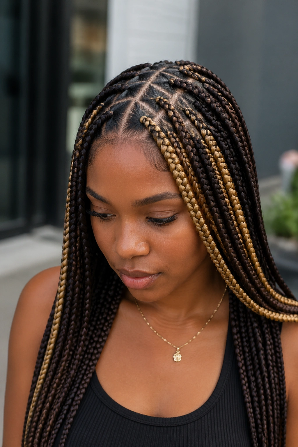 Portrait of a person showing triangle-part box braids with blonde flip sections.
