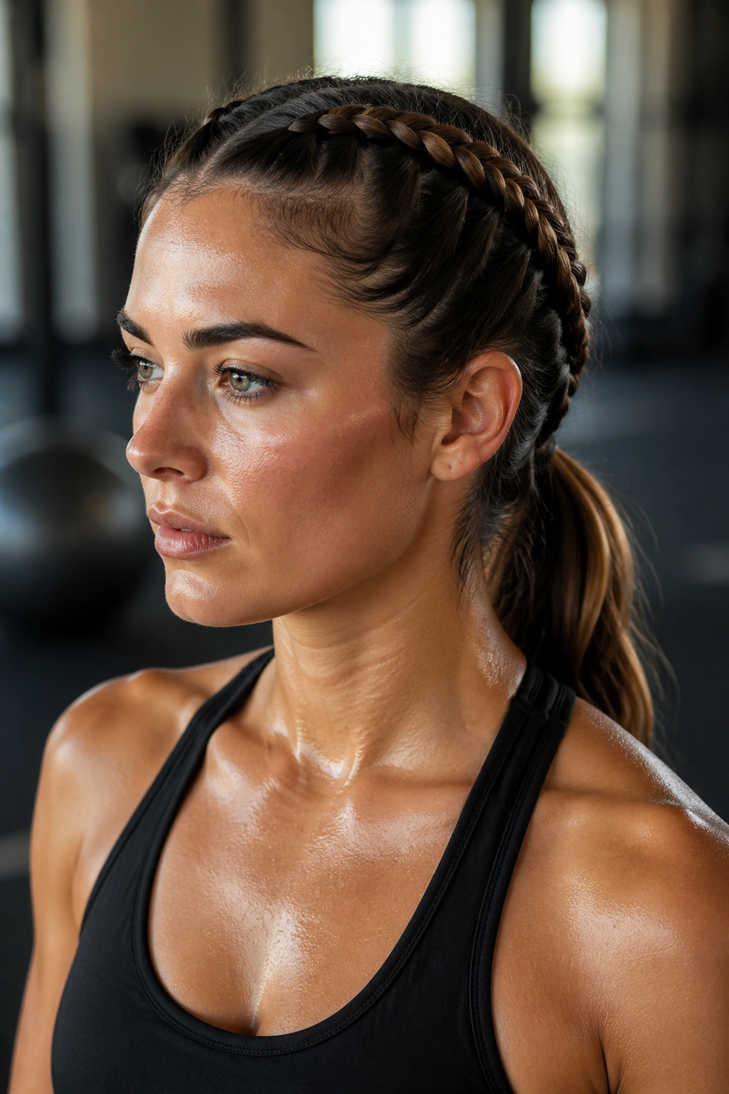 Close-up of two side braids merging into a single ponytail on a real woman's head during a workout