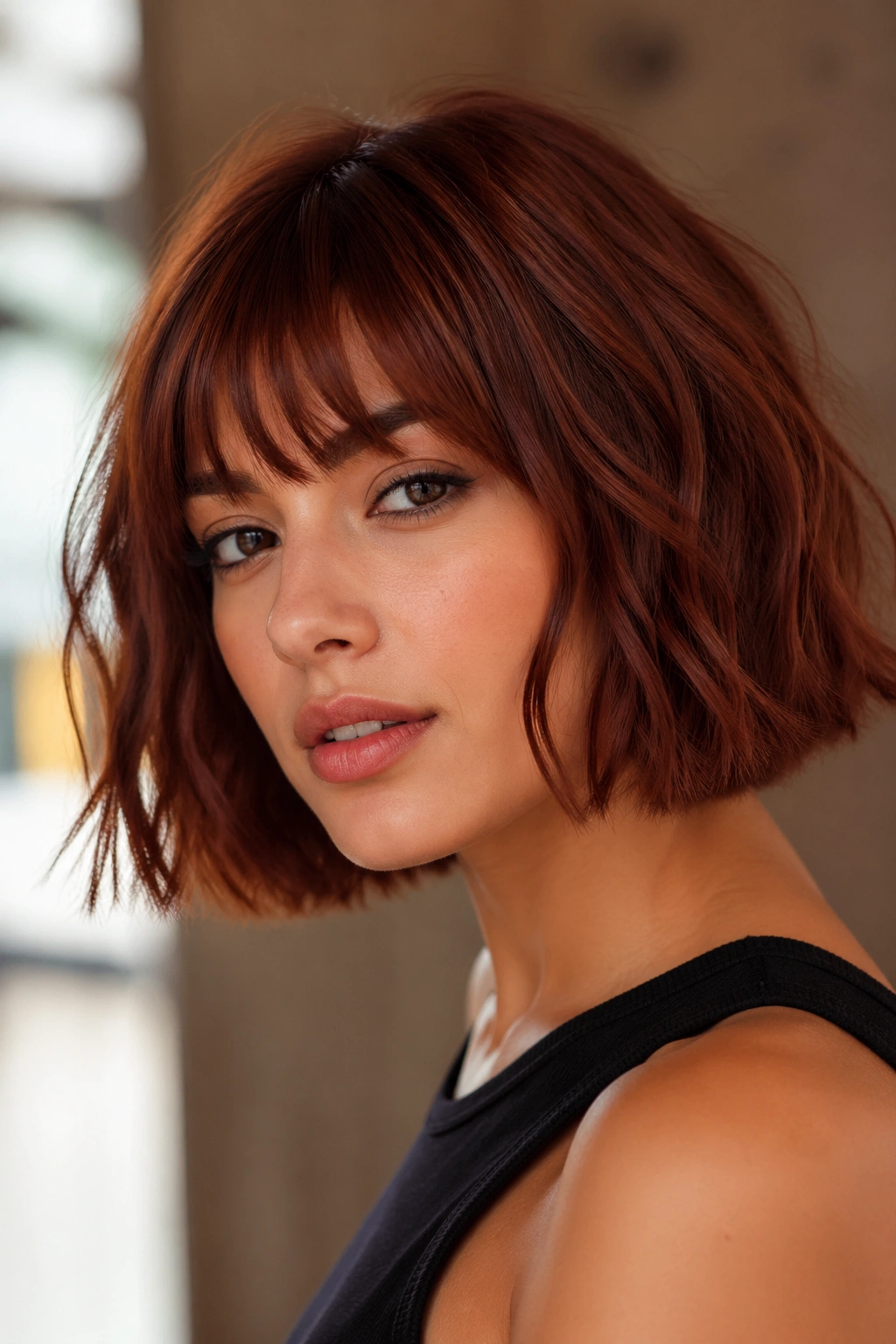 Close-up of brick brown hair with a blunt bob on a real person