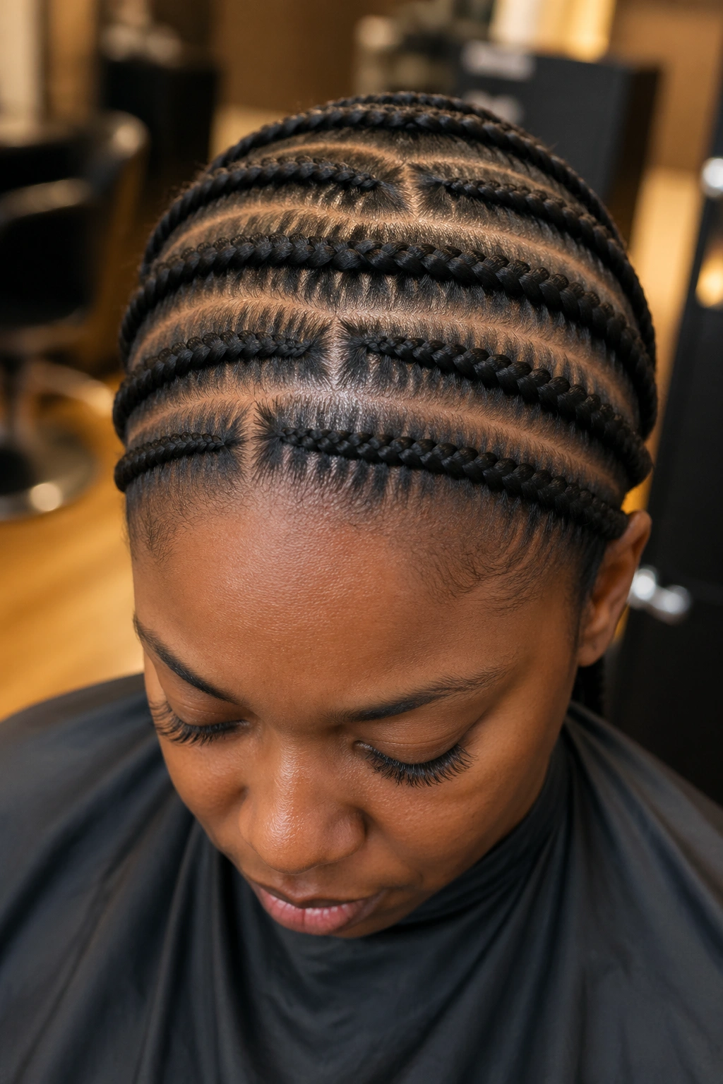 Crown close-up of offset brick-layer braids on a real person