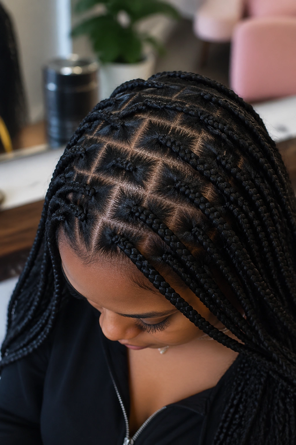 Scalp with brick-layer (staggered) braid rows