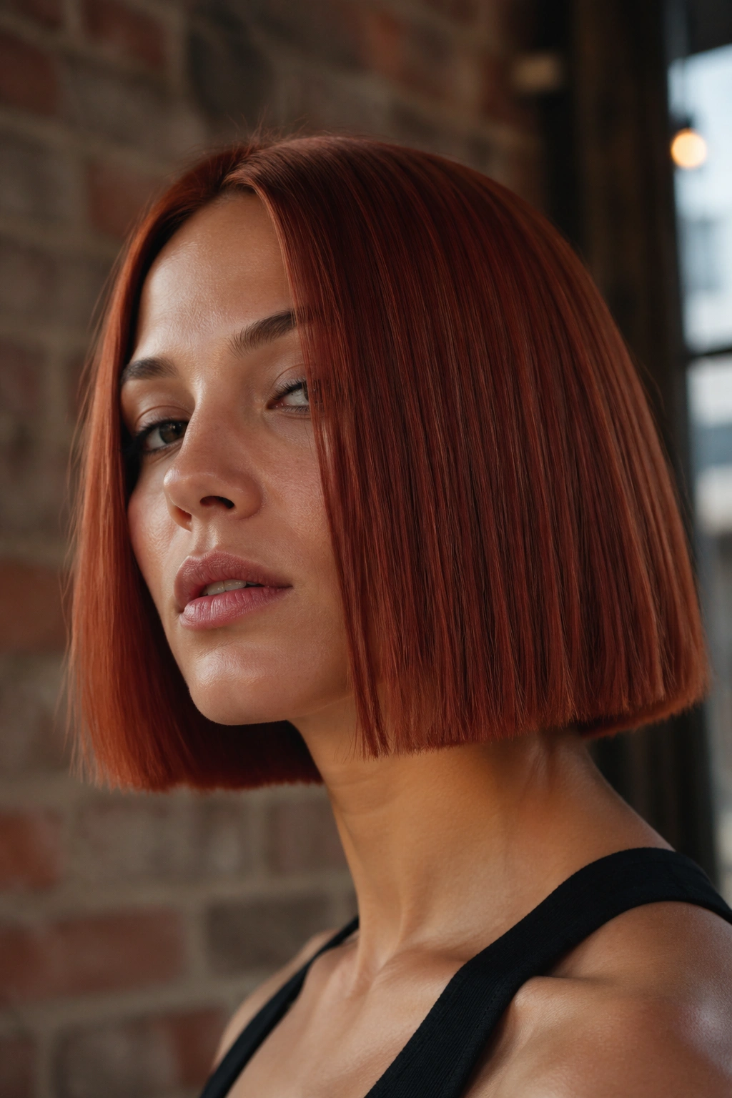 Real woman with brick red blunt-cut hair in urban interior