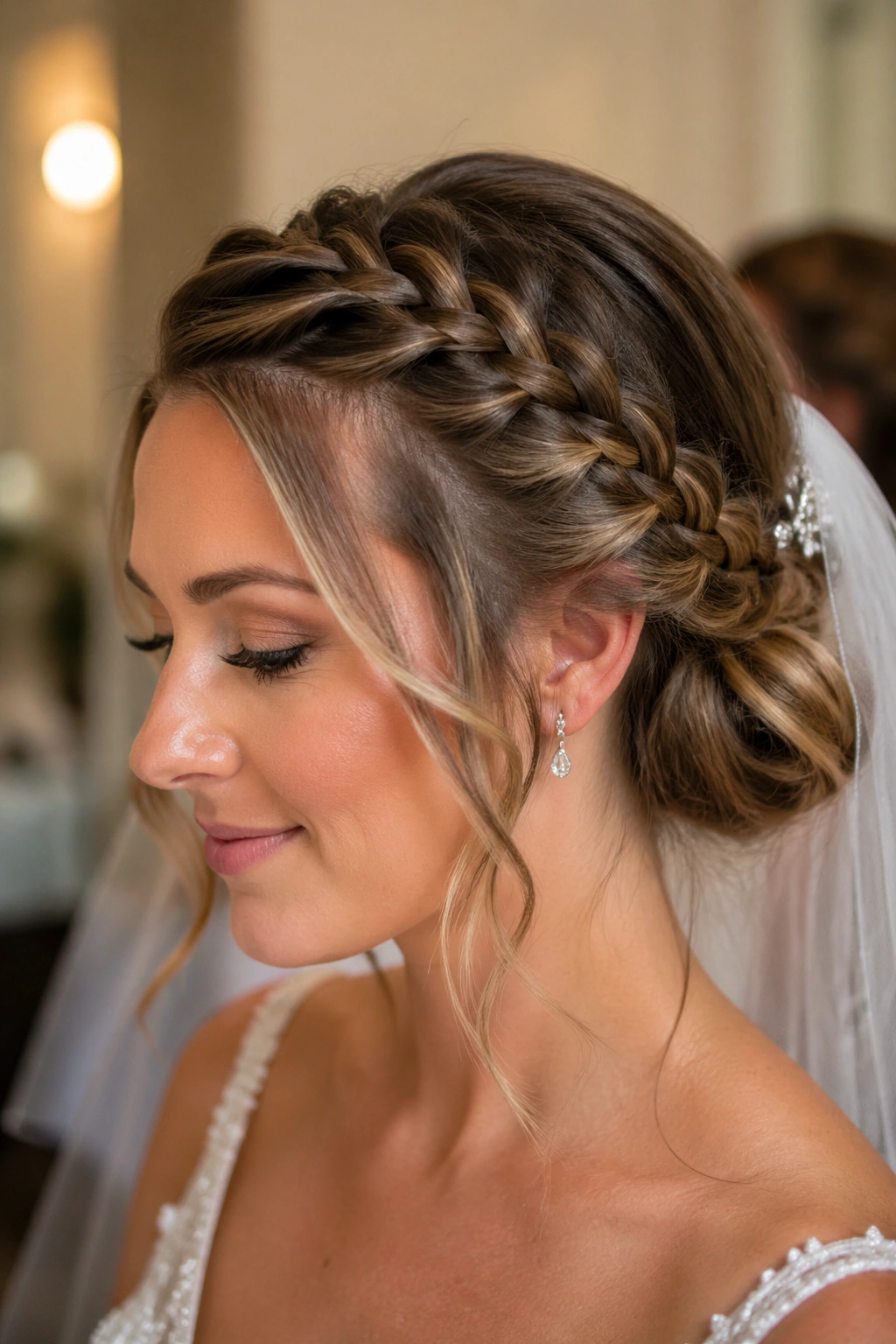 Close-up of a real bride with a side Dutch braid and soft face pieces, veil pinned.