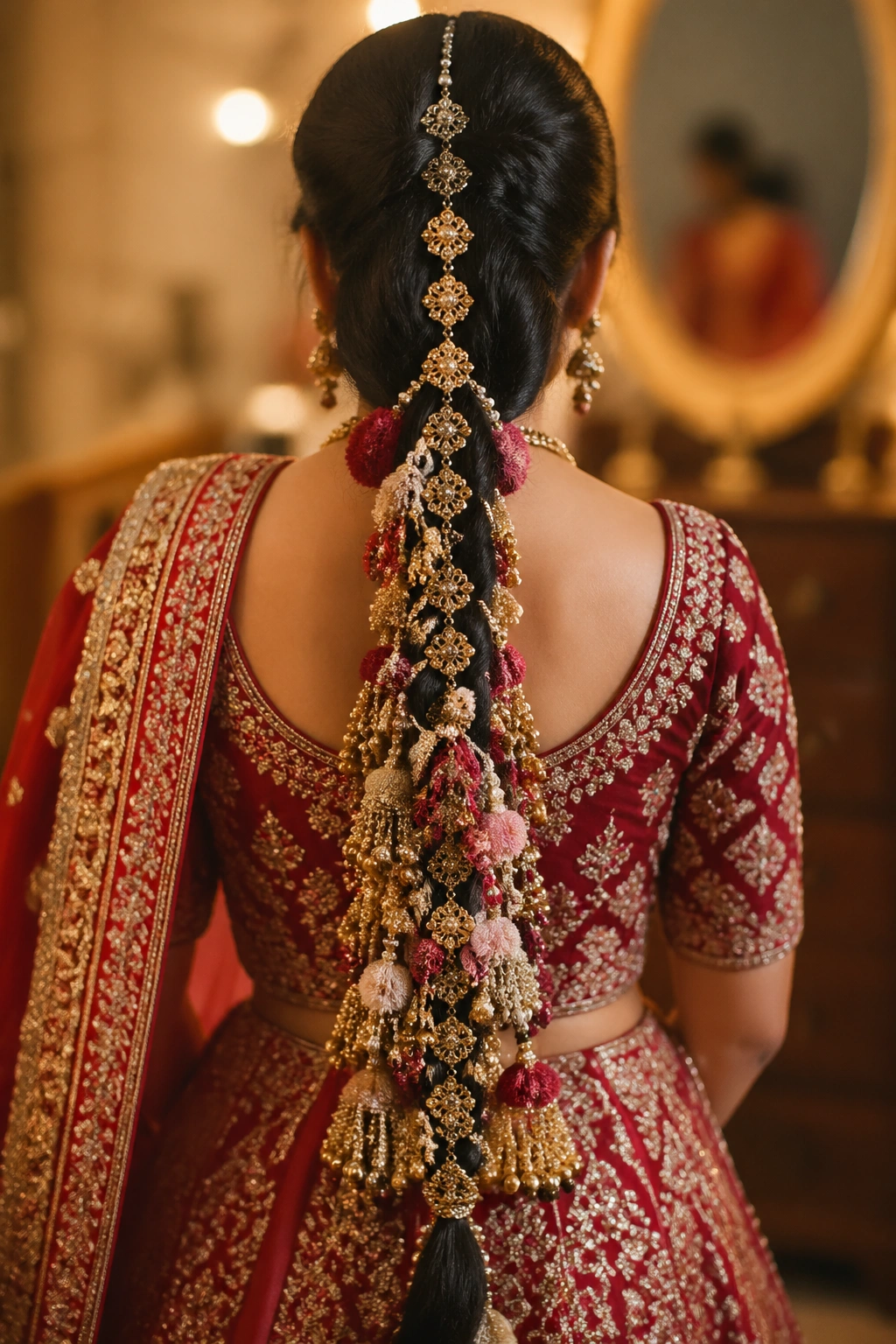 Close-up of a real bride's head showing a bridal parandi woven through a thick braid with tassels
