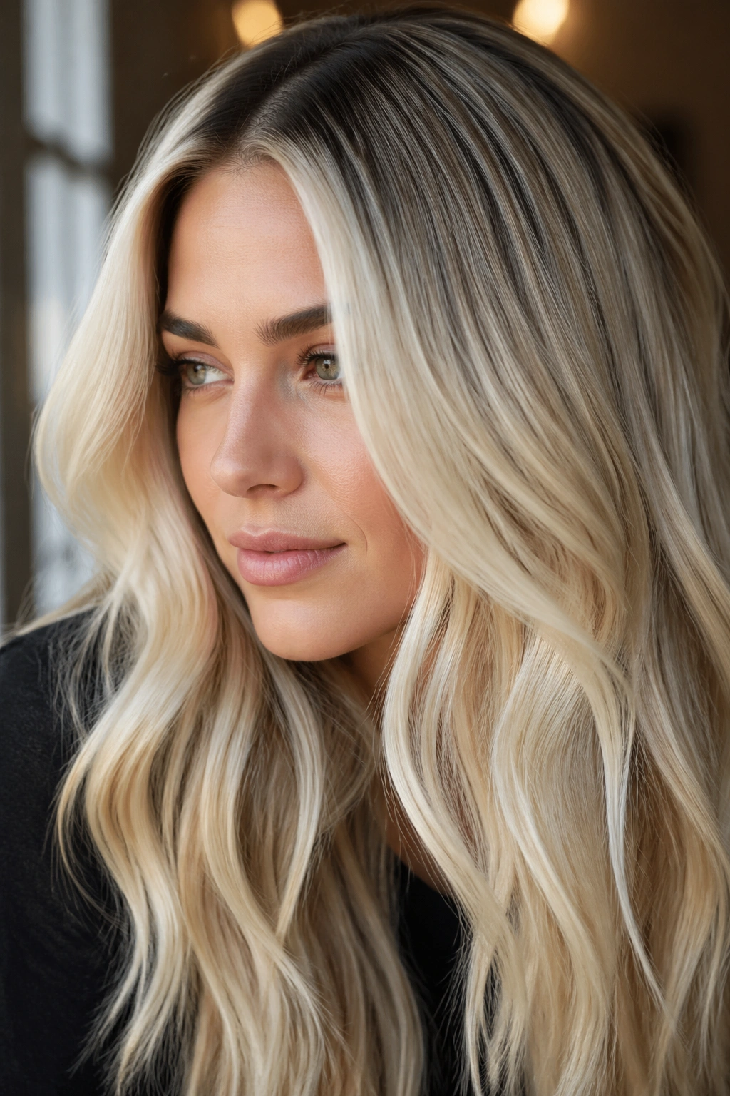 Close-up of bright blonde hair with a deep root melt on a real person
