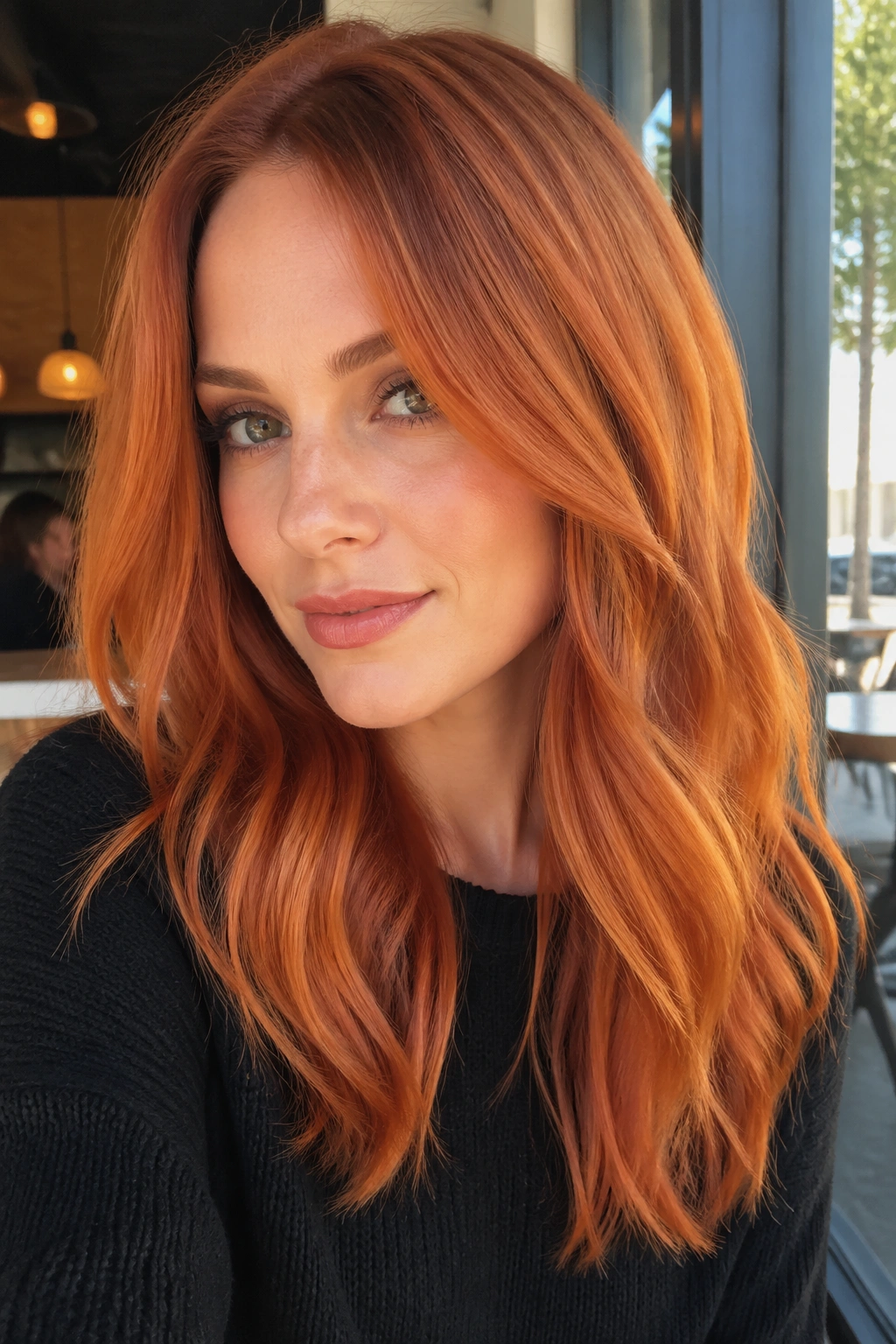 Close-up of a real woman with bright pumpkin copper hair in natural daylight