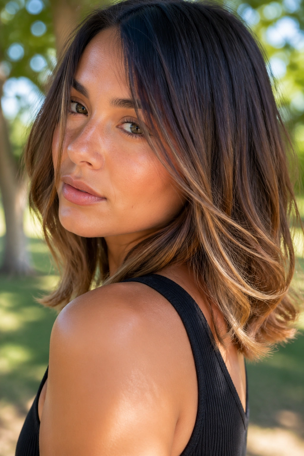 Real woman with bronde babylights feathered at the ends catching light