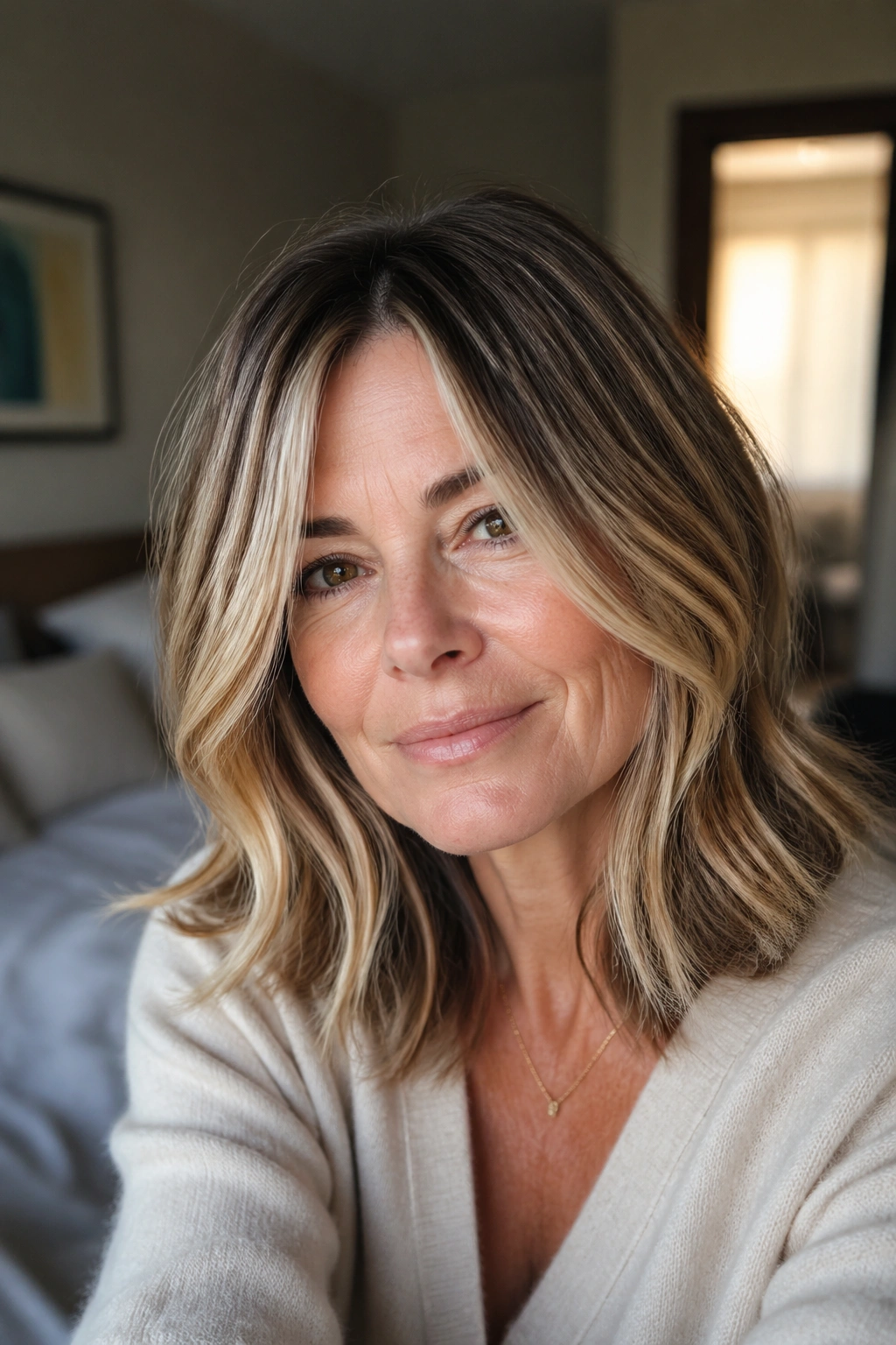 Portrait of real woman with bronde balayage airy mid-length cut in soft window light