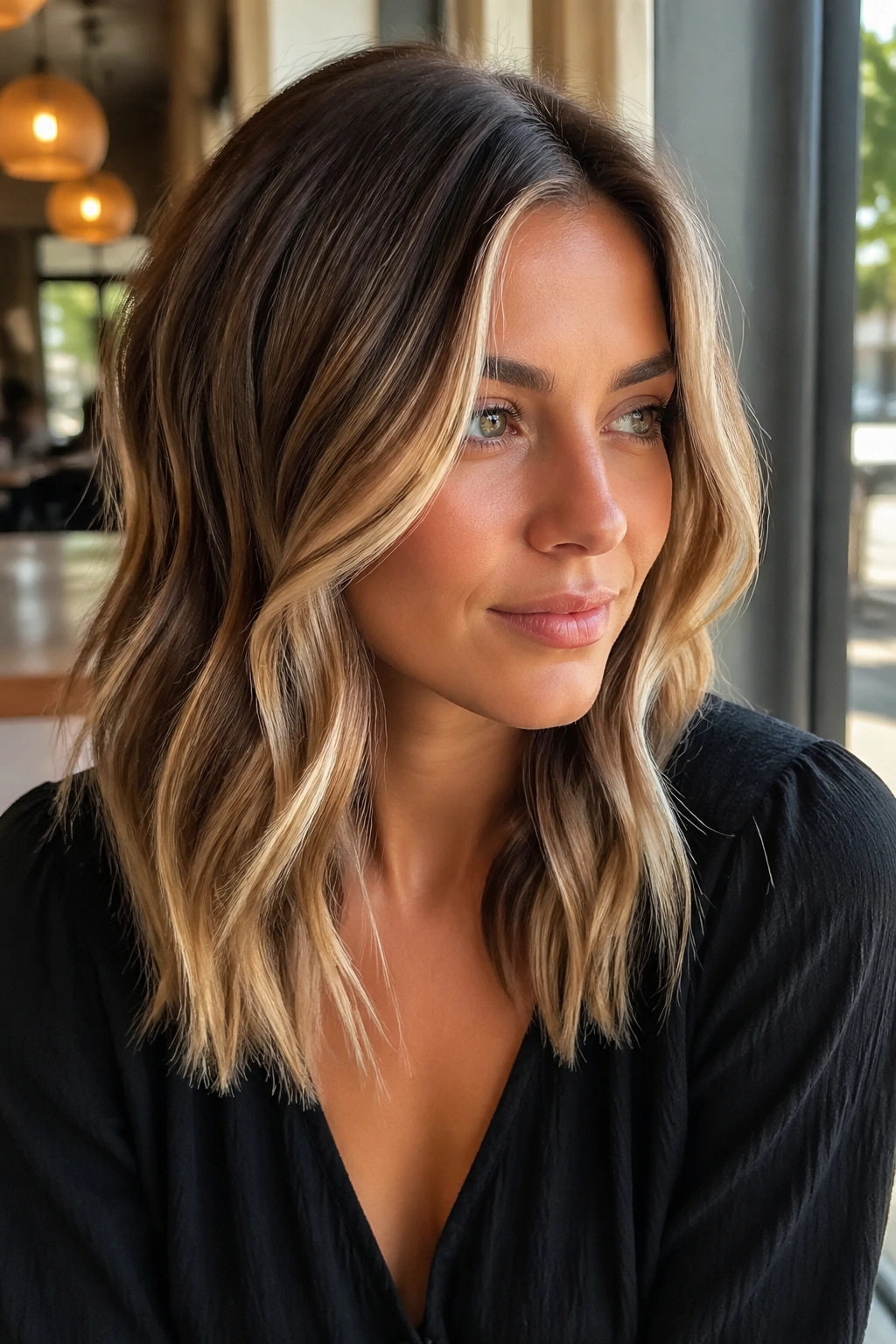 Close-up of real person with bronde balayage and money pieces