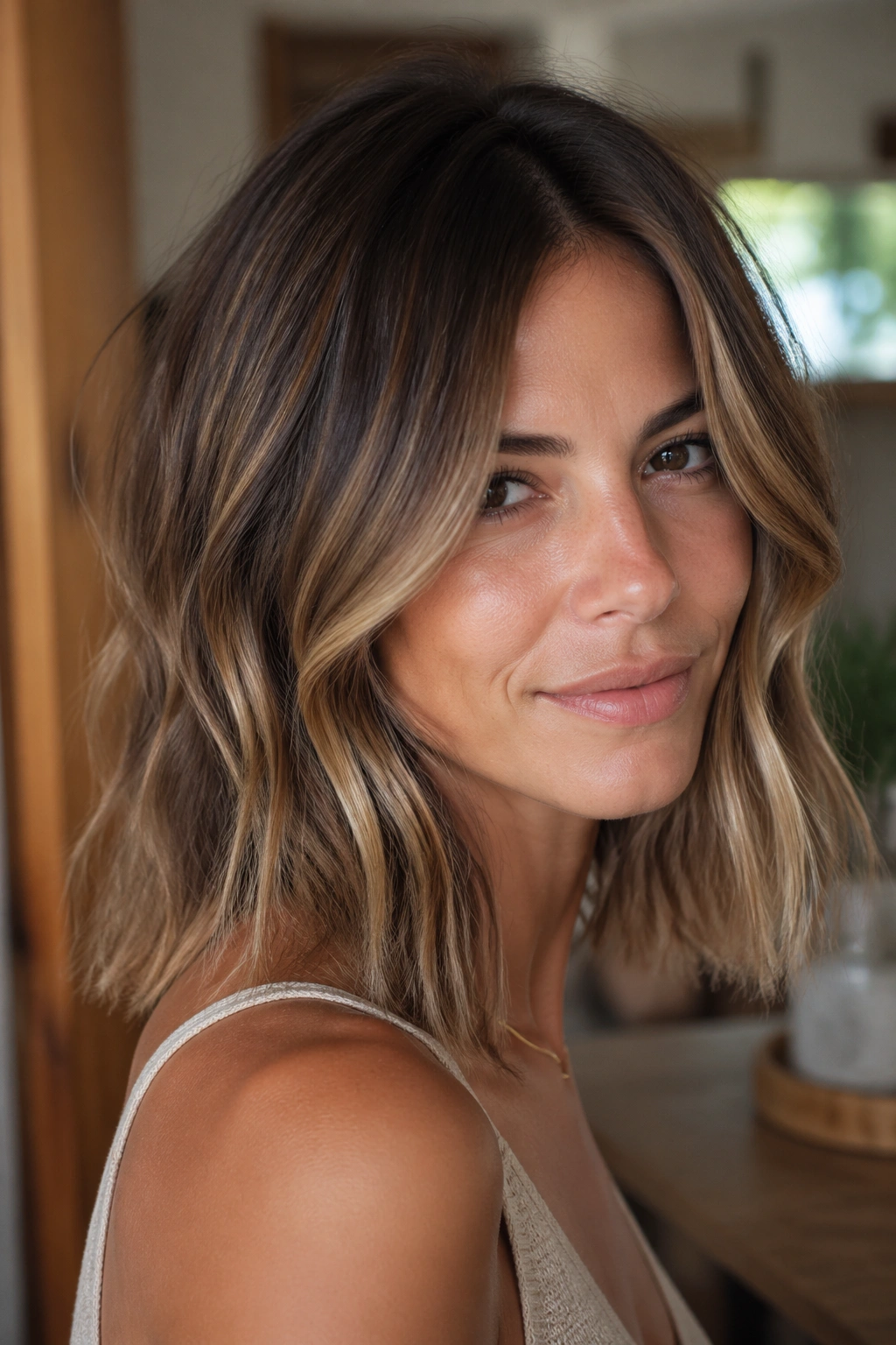 Close-up of bronde balayage showing natural movement on shoulder-length hair