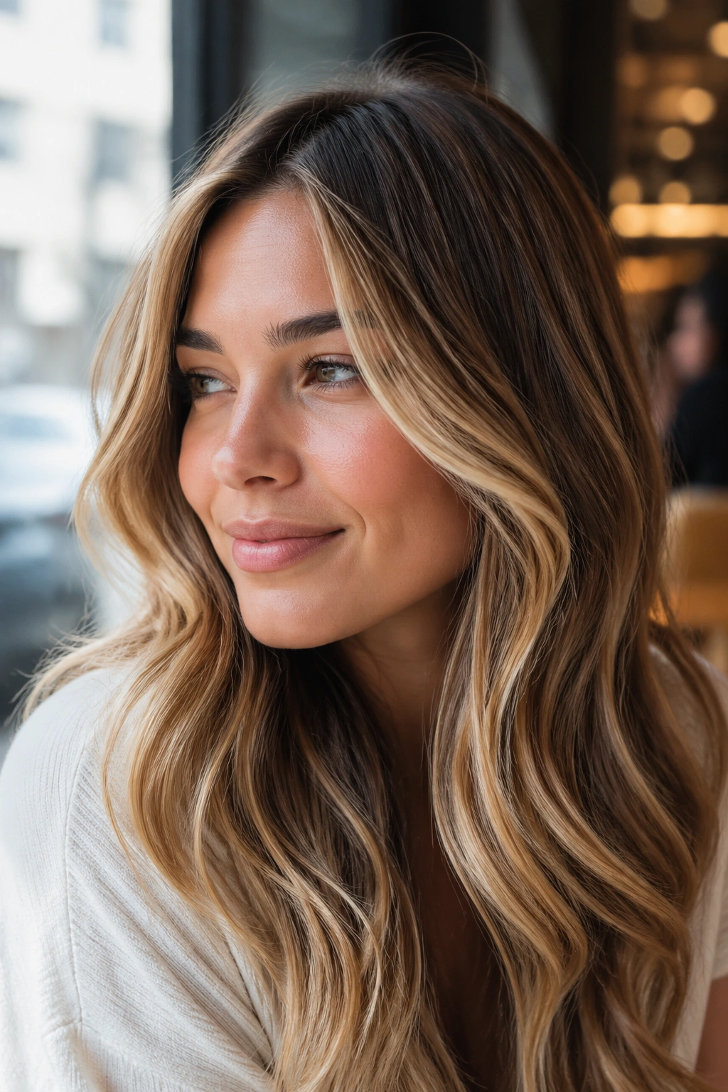 Portrait of a woman with bronde hair and blonde ribbons.