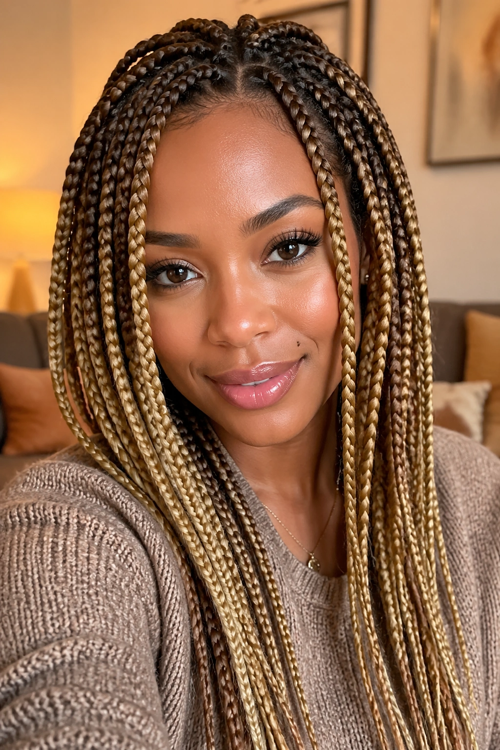 Real woman with buttery bronde mix in medium highlighted box braids