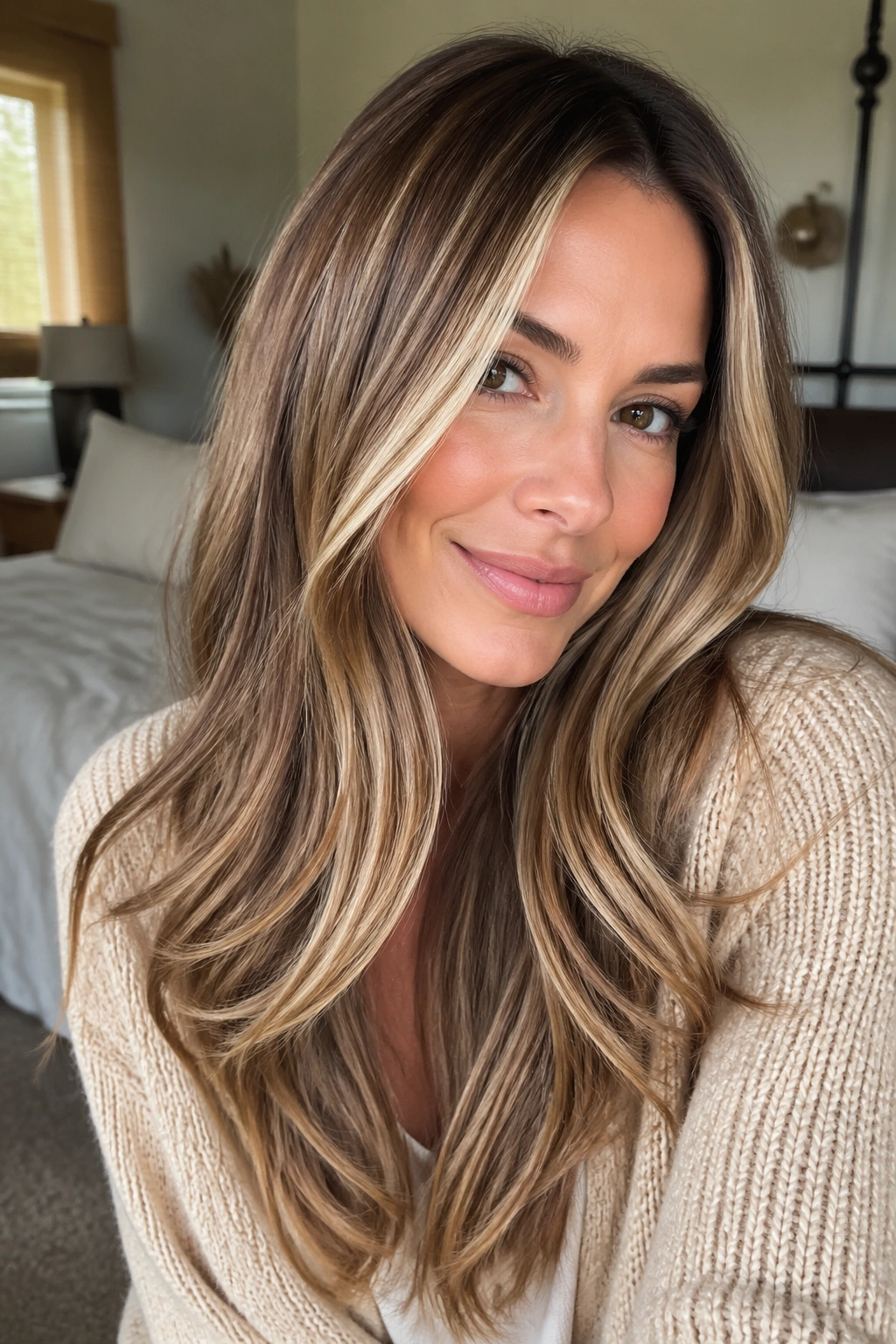Close-up portrait of a real woman with bronde light brown hair featuring face-framing lighter pieces.