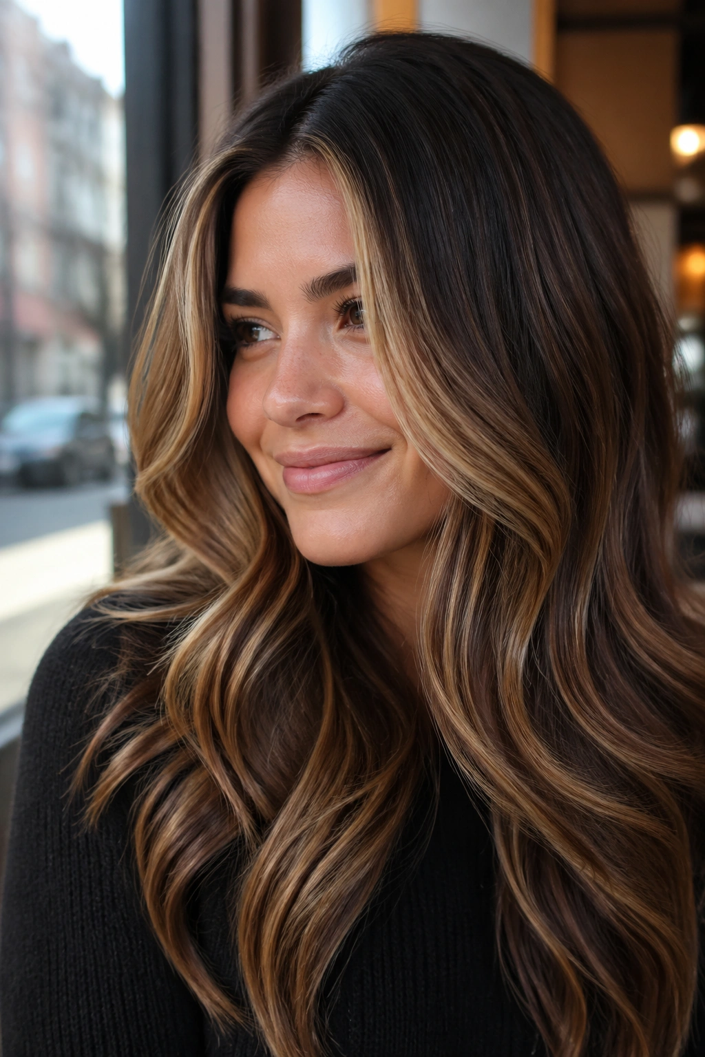 Close-up of a real woman with bronde balayage and front money pieces in long layered hair
