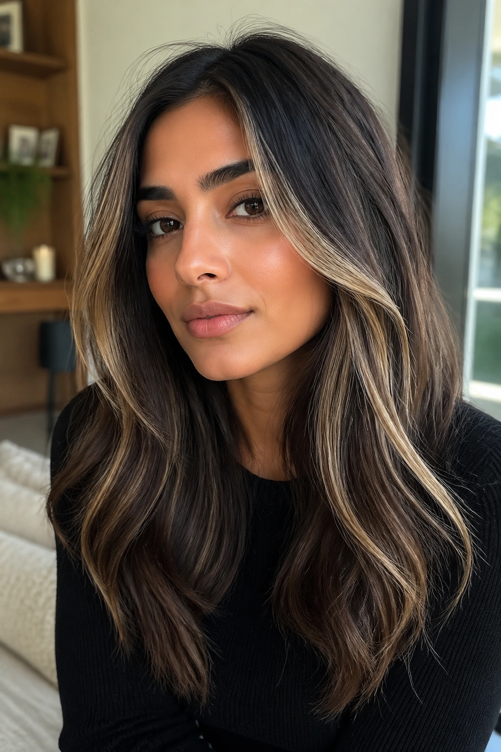 Portrait of a woman with beige bronde face framing highlights around the hairline.