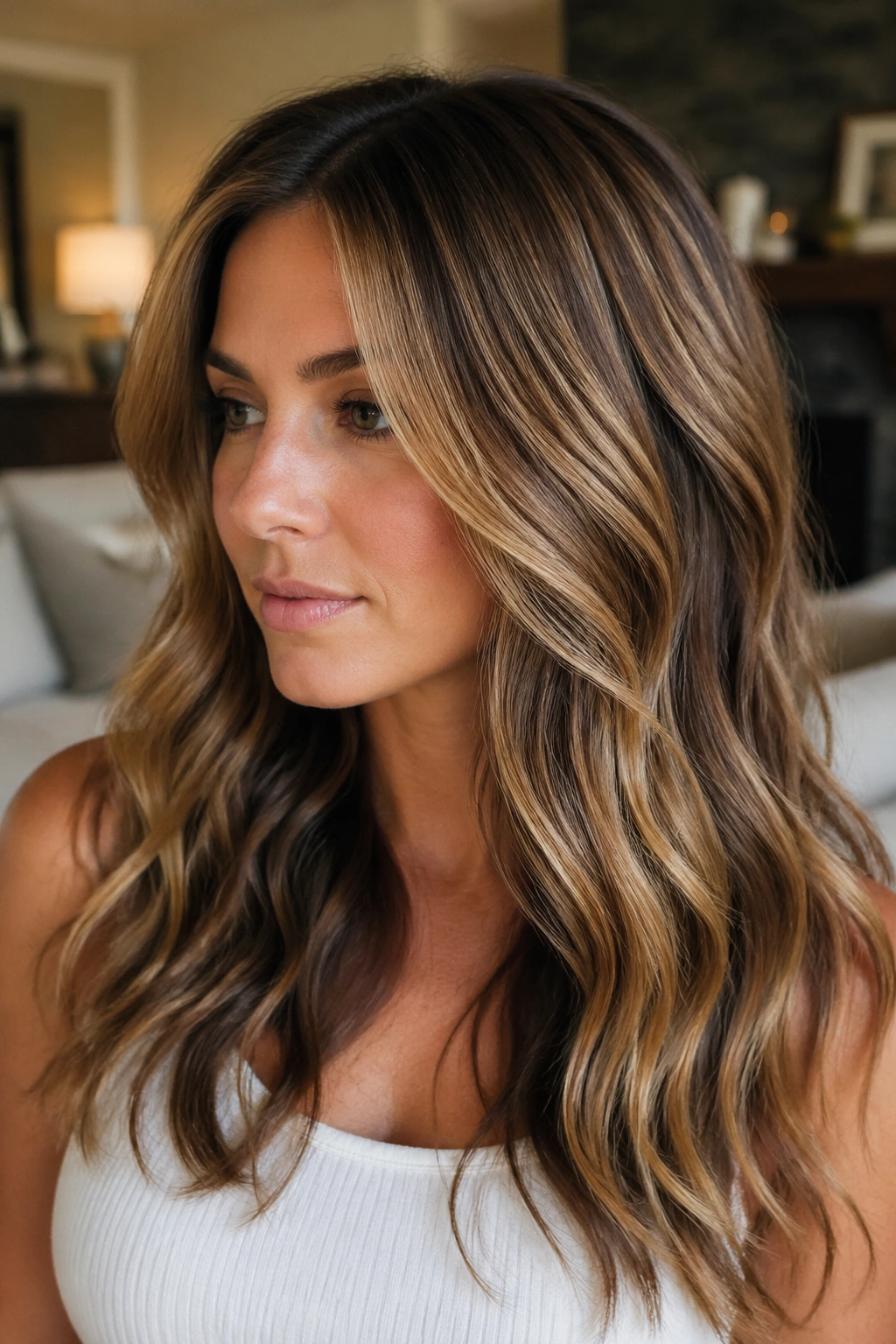 Close-up of a real woman with bronde and mocha lowlights in warm light.