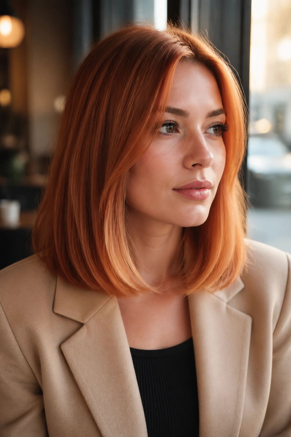 Real woman with bronze apricot lob hair at a cafe window