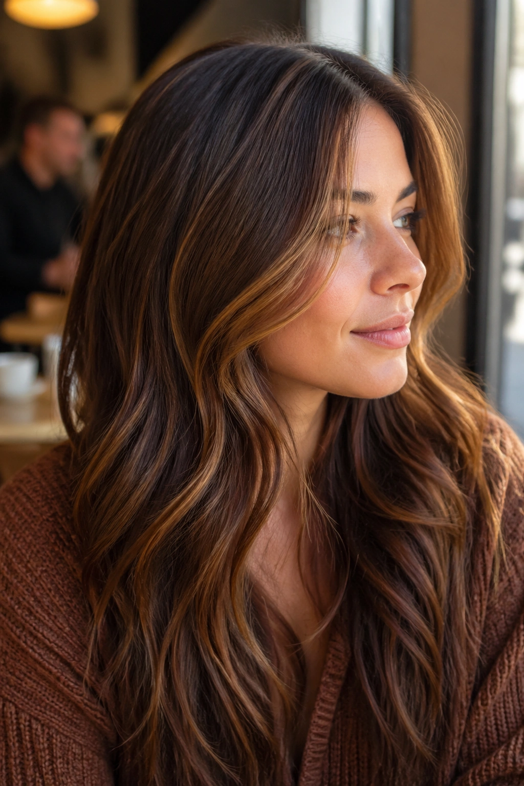 Brunette with bronze babylights in warm cafe window light