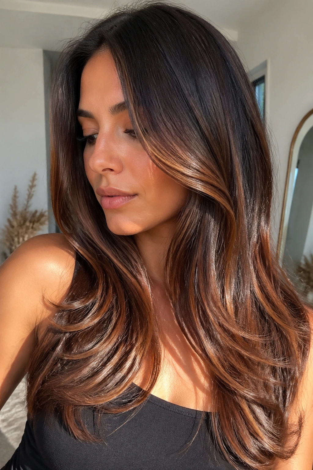 Close-up of a real woman with bronze balayage on layered dark brown hair