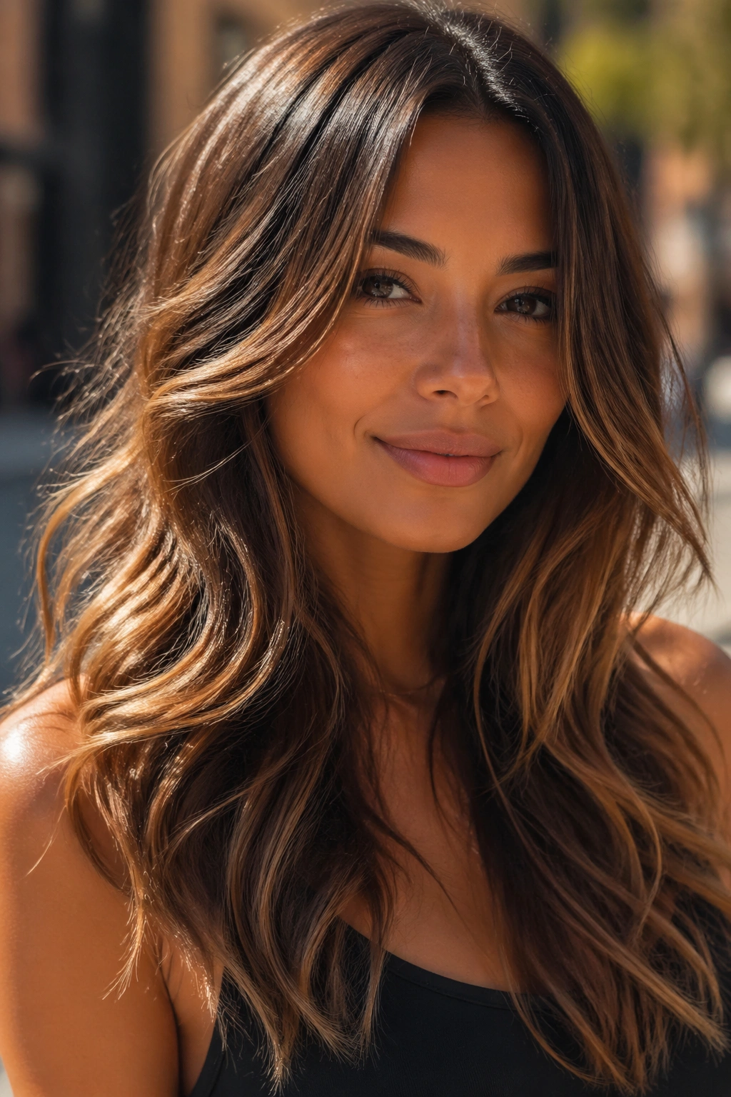 Close-up of a real woman with bronze brown balayage and amber highlights