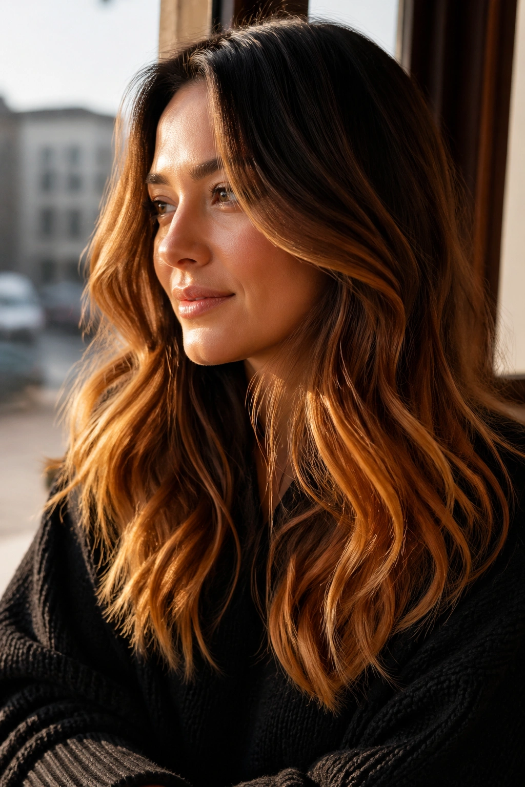 Close-up of bronze brown to amber ends ombre on a real woman with warm waves