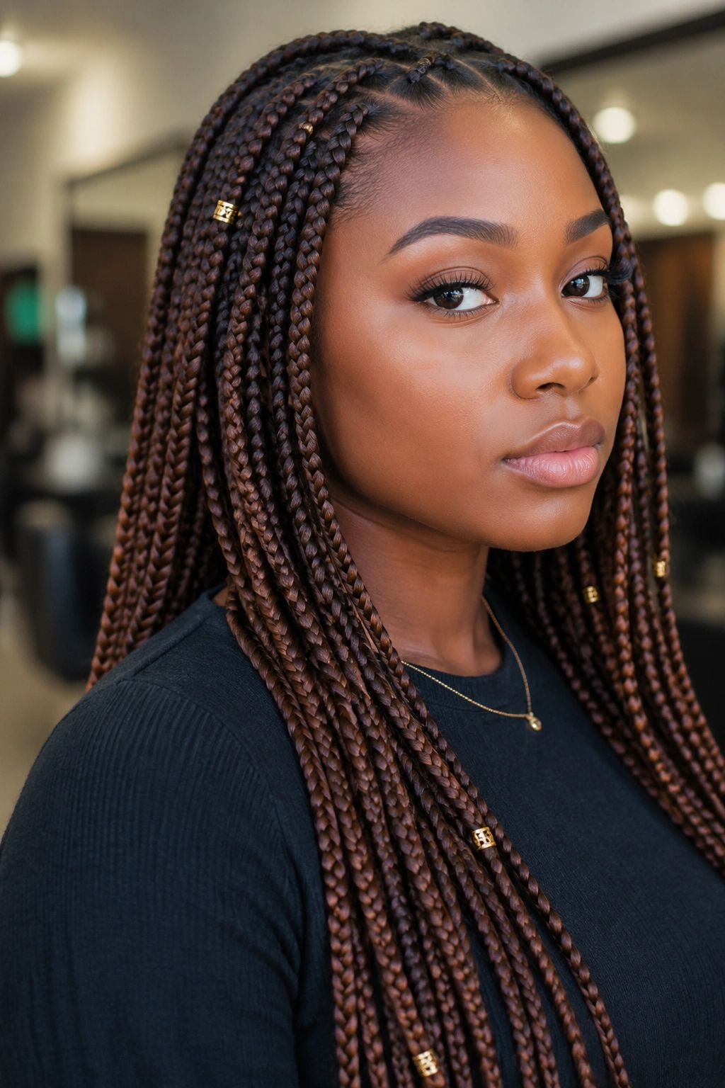 Real woman with bronze brown braids and gold cuffs