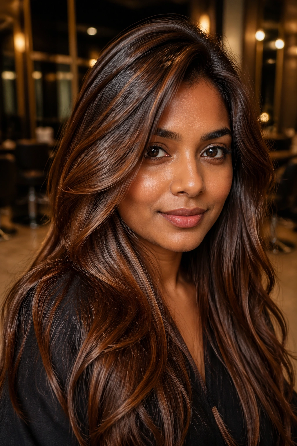 Close-up of a real woman with bronze brown hair under warm salon lighting