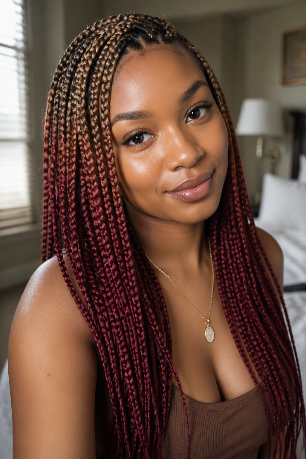 Close-up of a real woman with bronze-to-red knotless braids in warm window light